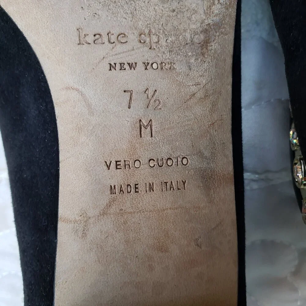 EUC KATE SPADE midnight black suede flats with jeweled gold heels (7.5)